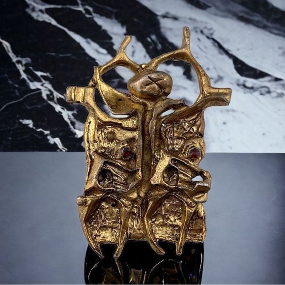 Vintage Modernist Israel Designer Igael Tumarkin Brutalist Gold Wash Tone Brooch - Picture 2 of 10